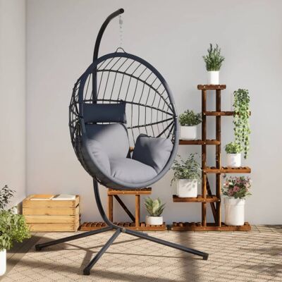 The Living Store Wiszące krzesło kokon ze stojakiem - szare - rattan i stal - Wiszące Krzesło The Living Store Wiszące krzesło kokon ze stojakiem - szare - rattan i stal - Wiszące Krzesło