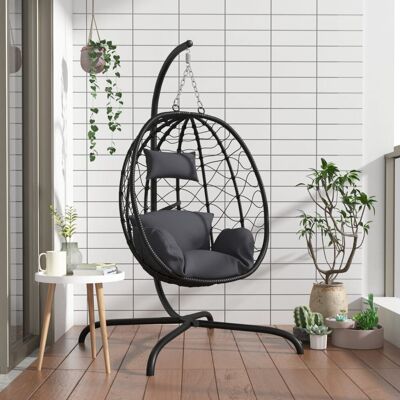 VMP Wiszące krzesło kokon z poduszką, antracytowe, rattan PE i stal VMP Wiszące krzesło kokon z poduszką, antracytowe, rattan PE i stal
