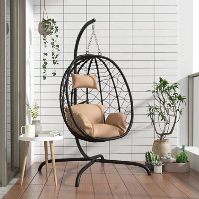 VMP Wiszące krzesło kokon z poduszką, kolor taupe, rattan PE i stal VMP Wiszące krzesło kokon z poduszką, kolor taupe, rattan PE i stal