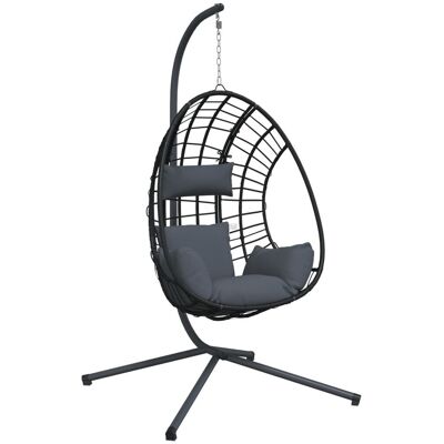 VMP Wiszące Krzesło Kokon Ze Stojakiem, Antracytowe, Rattan I Stal VMP Wiszące Krzesło Kokon Ze Stojakiem, Antracytowe, Rattan I Stal
