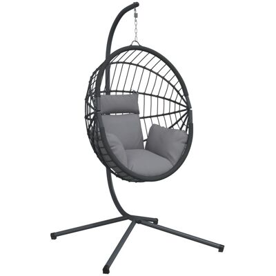 VMP Wiszące Krzesło Kokon Ze Stojakiem, Szare, Rattan I Stal VMP Wiszące Krzesło Kokon Ze Stojakiem, Szare, Rattan I Stal