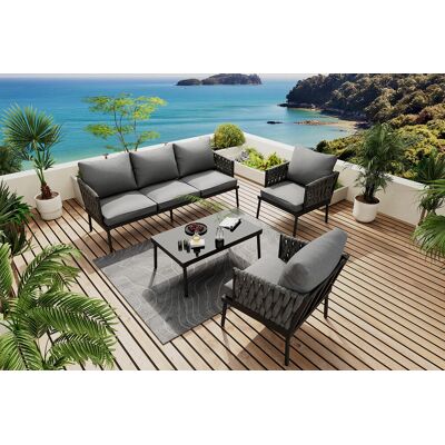 Yulinland Zestaw lounge ogrodowy z wygodnymi poduszkami, 3-osobowa sofa, 2 fotele i stolik kawowy, blat ze szkła hartowanego, podłokietniki z plecionki sznuro.. Yulinland Zestaw lounge ogrodowy z wygodnymi poduszkami, 3-osobowa sofa, 2 fotele i stolik kawowy, blat ze szkła hartowanego, podłokietniki z plecionki sznuro..