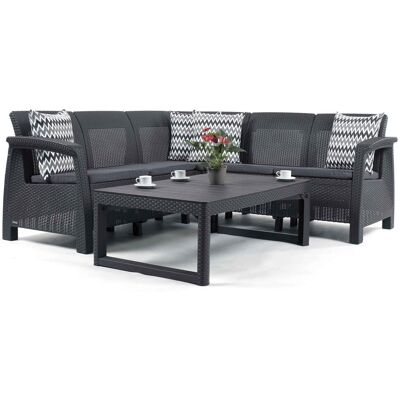 Keter Zestaw mebli ogrodowych Allibert Corfu Relax + stół Lyon grafit – narożnik ogrodowy z poduszkami i stołem 2w1 116x71 cm Keter Zestaw mebli ogrodowych Allibert Corfu Relax + stół Lyon grafit – narożnik ogrodowy z poduszkami i stołem 2w1 116x71 cm