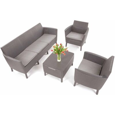 Keter Zestaw Wypoczynkowy SALEMO - Sofa 3-osobowa z 2 fotelami i stolikiem-schowkiem - Cappuccino Keter Zestaw Wypoczynkowy SALEMO - Sofa 3-osobowa z 2 fotelami i stolikiem-schowkiem - Cappuccino