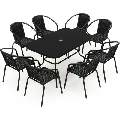 Springos Zestaw ogrodowy stół 140x70 cm i 8 metalowych krzeseł na taras, balkon czarny Springos Zestaw ogrodowy stół 140x70 cm i 8 metalowych krzeseł na taras, balkon czarny