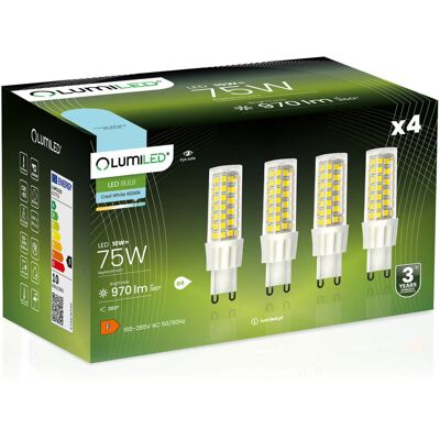 4x Żarówka LED G9 Kapsułka 10W = 75W 970lm 6500K Zimna 360° LUMILED 4x Żarówka LED G9 Kapsułka 10W = 75W 970lm 6500K Zimna 360° LUMILED