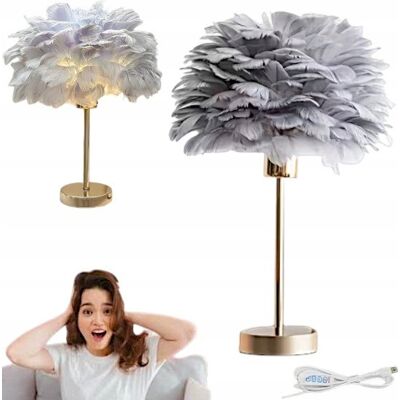 Inny producent Elegancka lampa nocna stołowa z kloszem z szarych piór ściemniacz na komode Inny producent Elegancka lampa nocna stołowa z kloszem z szarych piór ściemniacz na komode