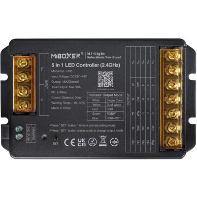 Kontroler LED MiBoxer HR5 / mono / podw. biały CCT / RGB / RGBW / RGB + CCT / 12-48VDC / 5x15A / IP20 Kontroler LED MiBoxer HR5 / mono / podw. biały CCT / RGB / RGBW / RGB + CCT / 12-48VDC / 5x15A / IP20