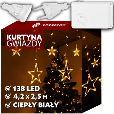 Springos Kurtyna Świetlna 138 Led Gwiazdki, Lampki Wewnętrzne Światełka Sople Ciepły Biały Springos Kurtyna Świetlna 138 Led Gwiazdki, Lampki Wewnętrzne Światełka Sople Ciepły Biały