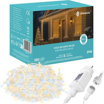 Springos Kurtyna Świetlna 300 Led Girlanda, Lampki Wewnętrzno-Zewnętrzne Sople Biały Ciepły + Biały Flash Springos Kurtyna Świetlna 300 Led Girlanda, Lampki Wewnętrzno-Zewnętrzne Sople Biały Ciepły + Biały Flash