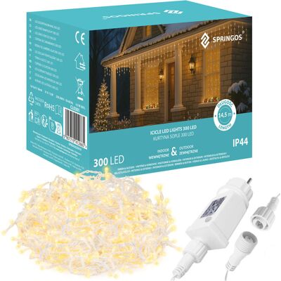 Springos Kurtyna Świetlna, 300 Led Girlanda, Lampki Zewnętrzne Sople, Ciepły Biały Springos Kurtyna Świetlna, 300 Led Girlanda, Lampki Zewnętrzne Sople, Ciepły Biały