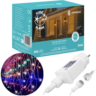 Springos Kurtyna świetlna 300 led multikolor, flash biały zimny girlanda, lampki wewnętrzno-zewnętrzne sople Springos Kurtyna świetlna 300 led multikolor, flash biały zimny girlanda, lampki wewnętrzno-zewnętrzne sople