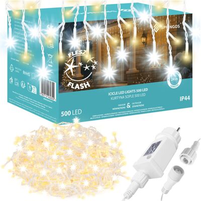 Springos Kurtyna Świetlna 500 Led Girlanda, Lampki Wewnętrzno-Zewnętrzne 22,5 M Sople Biały Ciepły + Flash Springos Kurtyna Świetlna 500 Led Girlanda, Lampki Wewnętrzno-Zewnętrzne 22,5 M Sople Biały Ciepły + Flash