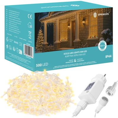 Springos Kurtyna Świetlna Z Pilotem 500 Led Girlanda, Lampki Wewnętrzno-Zewnętrzne 22,5m Sople Ciepły Biały Springos Kurtyna Świetlna Z Pilotem 500 Led Girlanda, Lampki Wewnętrzno-Zewnętrzne 22,5m Sople Ciepły Biały