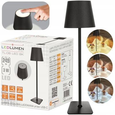 Lampa Nocna Lampka Stołowa Biurkowa LED USB Dotykowa Bezprzewodowa Czarna LEDLUMEN Lampa Nocna Lampka Stołowa Biurkowa LED USB Dotykowa Bezprzewodowa Czarna LEDLUMEN