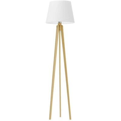 LYSNE Drewniana lampa stojąca do salonu na trzech nóżkach z abażurem Curacao, 60 W, E27, biało-dębowa, 158x40 cm LYSNE Drewniana lampa stojąca do salonu na trzech nóżkach z abażurem Curacao, 60 W, E27, biało-dębowa, 158x40 cm