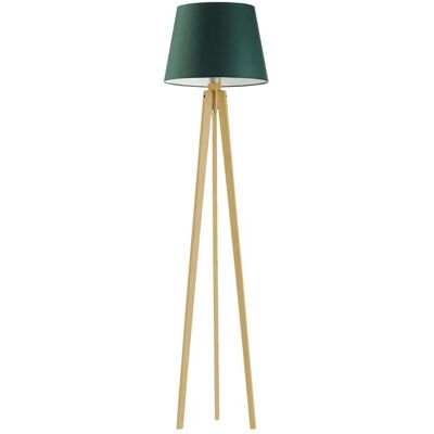 LYSNE Dębowa lampa stojąca na trójnogu z abażurem do salonu Curacao, 60 W, E27, zieleń butelkowa-dębowa, 158x40 cm LYSNE Dębowa lampa stojąca na trójnogu z abażurem do salonu Curacao, 60 W, E27, zieleń butelkowa-dębowa, 158x40 cm