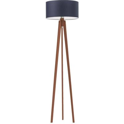 LYSNE Drewniana lampa stojąca do sypialni z granatowym abażurem LED na trójnogu drewnianym Miami, 60 W, E27, granatowo-mahoniowa, 148x40 cm LYSNE Drewniana lampa stojąca do sypialni z granatowym abażurem LED na trójnogu drewnianym Miami, 60 W, E27, granatowo-mahoniowa, 148x40 cm