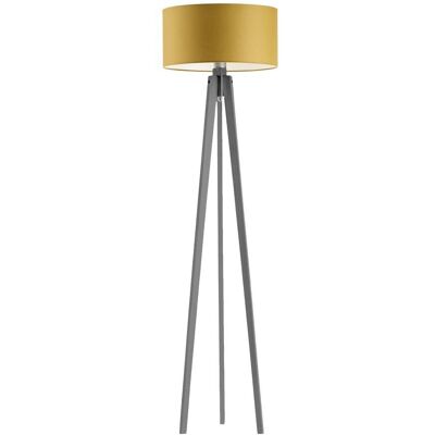 LYSNE Lampa stojąca do salonu na trójnogu drewniana z musztardowym kloszem Miami, 60 W, E27, musztardowo-popielata, 148x40 cm LYSNE Lampa stojąca do salonu na trójnogu drewniana z musztardowym kloszem Miami, 60 W, E27, musztardowo-popielata, 148x40 cm