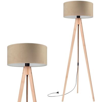 Inny producent Lampa podłogowa stojąca do salonu trójnóg drewniany buk z abażurem welurowym cappuccino Inny producent Lampa podłogowa stojąca do salonu trójnóg drewniany buk z abażurem welurowym cappuccino
