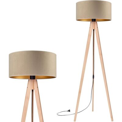 Inny producent Lampa podłogowa stojąca do salonu trójnóg drewniany buk z abażurem welurowym cappuccino-złotym Inny producent Lampa podłogowa stojąca do salonu trójnóg drewniany buk z abażurem welurowym cappuccino-złotym