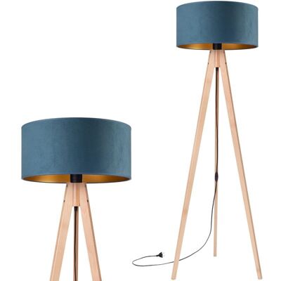 Inny producent Lampa podłogowa stojąca do salonu trójnóg drewniany buk z abażurem welurowym jeansowo-złotym Inny producent Lampa podłogowa stojąca do salonu trójnóg drewniany buk z abażurem welurowym jeansowo-złotym