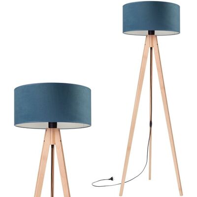 Inny producent Lampa podłogowa stojąca do salonu trójnóg drewniany buk z abażurem welurowym jeansowym Inny producent Lampa podłogowa stojąca do salonu trójnóg drewniany buk z abażurem welurowym jeansowym