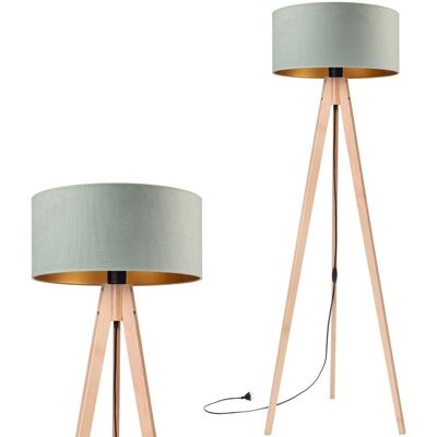Inny producent Lampa podłogowa stojąca do salonu trójnóg drewniany buk z abażurem welurowym szałwiowo-złotym Inny producent Lampa podłogowa stojąca do salonu trójnóg drewniany buk z abażurem welurowym szałwiowo-złotym
