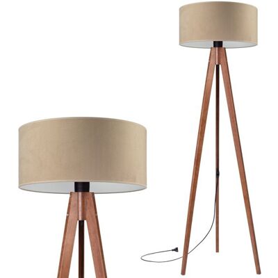Inny producent Lampa podłogowa stojąca do salonu trójnóg drewniany orzech z abażurem welurowym cappuccino Inny producent Lampa podłogowa stojąca do salonu trójnóg drewniany orzech z abażurem welurowym cappuccino