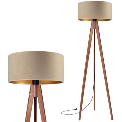 Inny producent Lampa podłogowa stojąca do salonu trójnóg drewniany orzech z abażurem welurowym cappuccino-złotym Inny producent Lampa podłogowa stojąca do salonu trójnóg drewniany orzech z abażurem welurowym cappuccino-złotym
