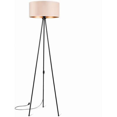 Tornado Lampa podłogowa stojąca do salonu trójnóg metalowy z abażurem welurowym beżowo-złotym Tornado Lampa podłogowa stojąca do salonu trójnóg metalowy z abażurem welurowym beżowo-złotym