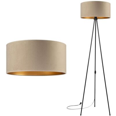 Inny producent Lampa podłogowa stojąca do salonu trójnóg metalowy z abażurem welurowym cappuccino-złotym Inny producent Lampa podłogowa stojąca do salonu trójnóg metalowy z abażurem welurowym cappuccino-złotym