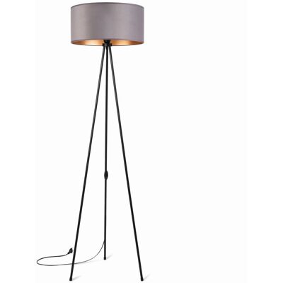 Tornado Lampa podłogowa stojąca do salonu trójnóg metalowy z abażurem welurowym szaro-złotym Tornado Lampa podłogowa stojąca do salonu trójnóg metalowy z abażurem welurowym szaro-złotym