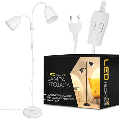 Ledtechnics Lampa stojąca podłogowa biała regulowana 170cm na 2x E27 LED + włącznik Ledtechnics Lampa stojąca podłogowa biała regulowana 170cm na 2x E27 LED + włącznik