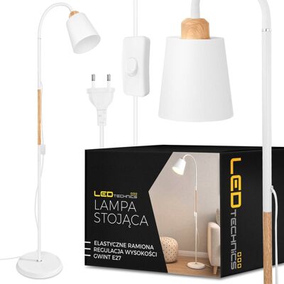 Ledtechnics Lampa Stojąca Podłogowa Biała Regulowana Drewno 170cm na E27 LED + Włącznik Ledtechnics Lampa Stojąca Podłogowa Biała Regulowana Drewno 170cm na E27 LED + Włącznik