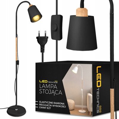 IRM Lampa Stojąca Podłogowa Czarna Regulowana Drewno 170cm na E27 LED Włącznik IRM Lampa Stojąca Podłogowa Czarna Regulowana Drewno 170cm na E27 LED Włącznik
