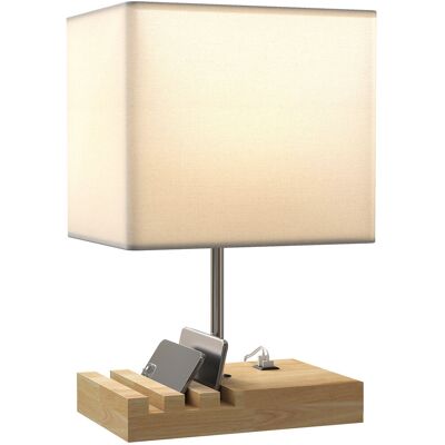 Lampa stołowa/biurkowa HOMCOM z gniazdem E27, portami ładowania USB-A+C i 3 uchwytami na telefon, lampka nocna z podstawą z litego drewna i abażurem.. Lampa stołowa/biurkowa HOMCOM z gniazdem E27, portami ładowania USB-A+C i 3 uchwytami na telefon, lampka nocna z podstawą z litego drewna i abażurem..