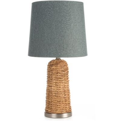 Eurofirany Lampa stołowa do kuchni szaro, jasnobrązowa ARLO w stylu boho z plecionej podstawy i matowego abażuru Eurofirany Lampa stołowa do kuchni szaro, jasnobrązowa ARLO w stylu boho z plecionej podstawy i matowego abażuru