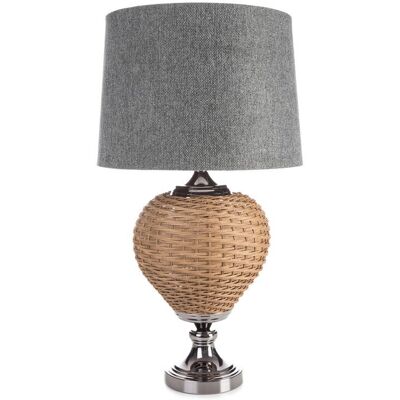 Eurofirany Lampa stołowa do pokoju stalowo, beżowa PATI w stylu boho z plecioną podstawą i matowym abażurem Eurofirany Lampa stołowa do pokoju stalowo, beżowa PATI w stylu boho z plecioną podstawą i matowym abażurem
