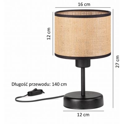 Tornado Lampka nocna stołowa do sypialni z abażurem 16 cm jutowym beżowo-czarnym rustykalna Tornado Lampka nocna stołowa do sypialni z abażurem 16 cm jutowym beżowo-czarnym rustykalna