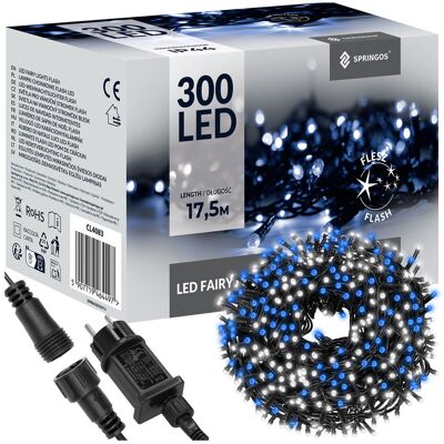 Springos Lampki choinkowe 300 LED 15 m niebieski + biały zimny flash zewnętrzne oświetlenie świąteczne Springos Lampki choinkowe 300 LED 15 m niebieski + biały zimny flash zewnętrzne oświetlenie świąteczne