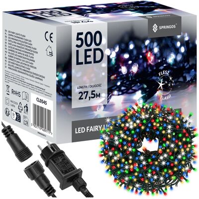 Springos Lampki choinkowe 500 led multikolor + niebieski flash 27,5 m oświetlenie zewnętrzne, wewnętrzne Springos Lampki choinkowe 500 led multikolor + niebieski flash 27,5 m oświetlenie zewnętrzne, wewnętrzne