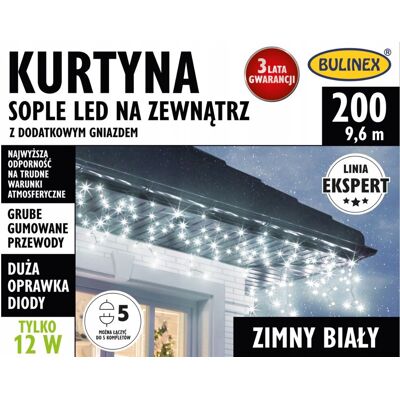 Lampki LED Bulinex kurtyna sople 200led biały zimny 9.6m biały gruby przewód Lampki LED Bulinex kurtyna sople 200led biały zimny 9.6m biały gruby przewód