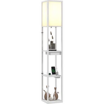 Lampa podłogowa HOMCOM z 3 półkami, oprawką E27 oraz portami USB-A i USB-C Lampa podłogowa HOMCOM z 3 półkami, oprawką E27 oraz portami USB-A i USB-C