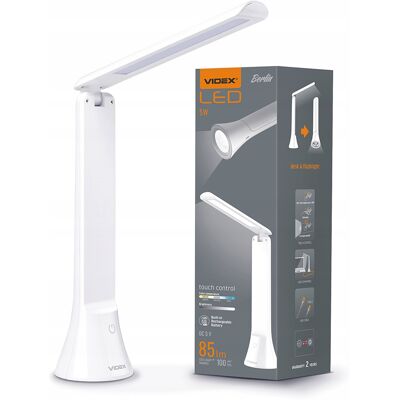 Lampka biurkowa LED z latarką w podstawie akumulatorowa biała 26 cm Videx Lampka biurkowa LED z latarką w podstawie akumulatorowa biała 26 cm Videx