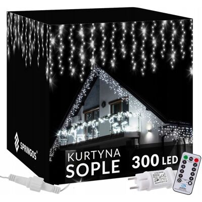 Springos LAMPKI KURTYNA ŚWIETLNA 300 LED IP44 ZIMNE BIAŁE PILOT 14,5m OŚWIETLENIE Springos LAMPKI KURTYNA ŚWIETLNA 300 LED IP44 ZIMNE BIAŁE PILOT 14,5m OŚWIETLENIE