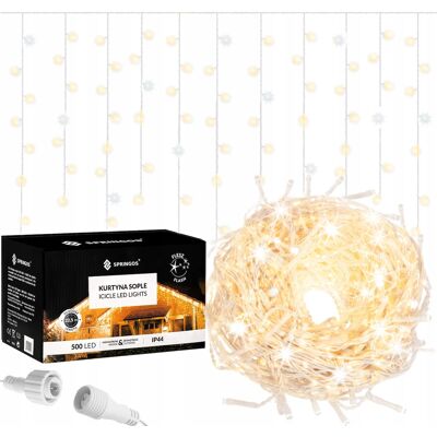 Springos LAMPKI ZEWNĘTRZNE SOPLE 500 LED TIMER KURTYNA ŚWIETLNA FLASH CIEPŁY BIAŁY Springos LAMPKI ZEWNĘTRZNE SOPLE 500 LED TIMER KURTYNA ŚWIETLNA FLASH CIEPŁY BIAŁY