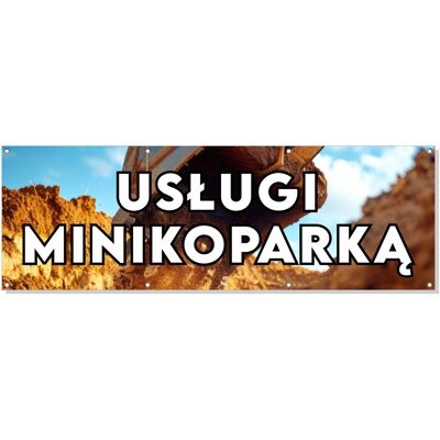 Baner reklamowy oczkowany plandeka reklama zewnętrzny mocny USŁUGI MINIKOPARKĄ budynek płot ogrodzenie stoisko stelaż 150 cm, drukant B-REK_04_150 Baner reklamowy oczkowany plandeka reklama zewnętrzny mocny USŁUGI MINIKOPARKĄ budynek płot ogrodzenie stoisko stelaż 150 cm, drukant B-REK_04_150