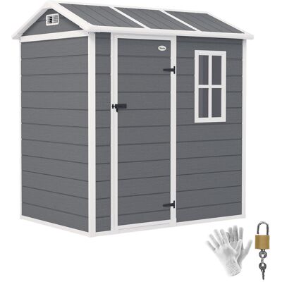 Domek ogrodowy Outsunny z tworzywa sztucznego, 2,1 m², 186 x 130 x 199 cm, z dachem dwuspadowym, podłogą, oknem i zamykanymi drzwiami, odporny na wa.. Domek ogrodowy Outsunny z tworzywa sztucznego, 2,1 m², 186 x 130 x 199 cm, z dachem dwuspadowym, podłogą, oknem i zamykanymi drzwiami, odporny na wa..