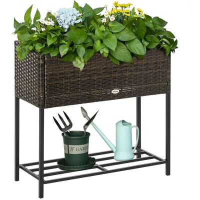 Skrzynka na kwiaty Outsunny Poly Rattan Raised Bed Flower Box z nóżkami, doniczka z rattanu z półką, brązowa, 70 x 30 x 70 cm Skrzynka na kwiaty Outsunny Poly Rattan Raised Bed Flower Box z nóżkami, doniczka z rattanu z półką, brązowa, 70 x 30 x 70 cm